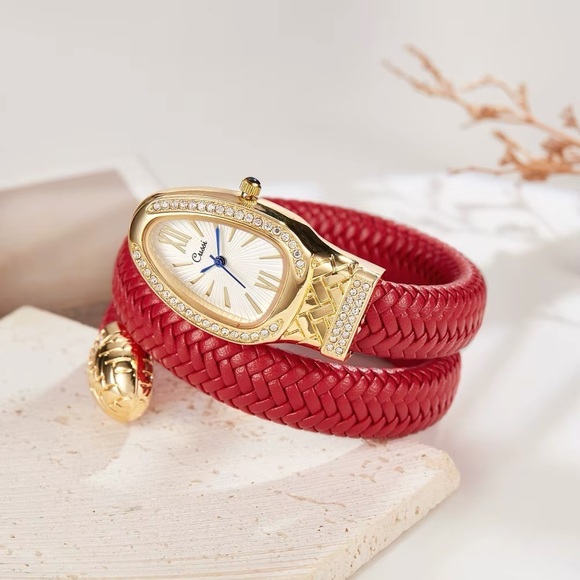 Anthropologie Accessories - Elegant Serpenti Wrap Bracelet Watch – Red & Gold Tone ✨